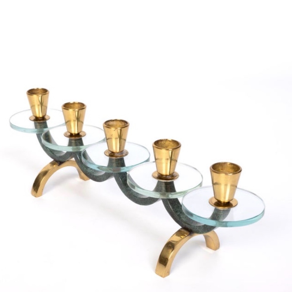 RARE MCM Brass Stone and Lucite Glass Candle Holder Candelabrum Decor Vintage